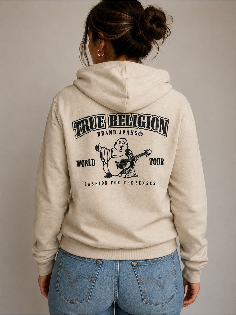True Religion Full Zip Hoodie Beige Cream Logo Graphic Back Size Large